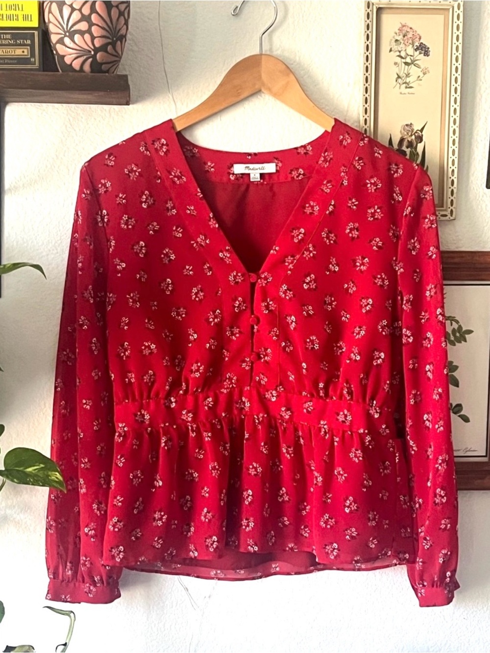 MADEWELL Red V-Neck Peplum Top in Little Lilies | Sheer Long Sleeve V-Neck Small